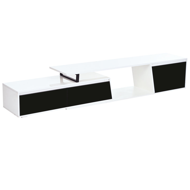 Meuble télé moderne avec 2 grands tiroirs et 1 armoire, support minimaliste de 100 pi extensible, Blanc