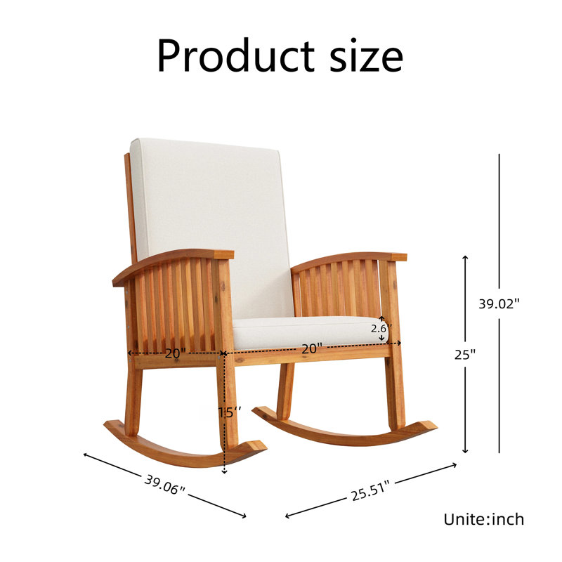 Chaise berçante classique en bois d'acacia avec coussins blanc doux