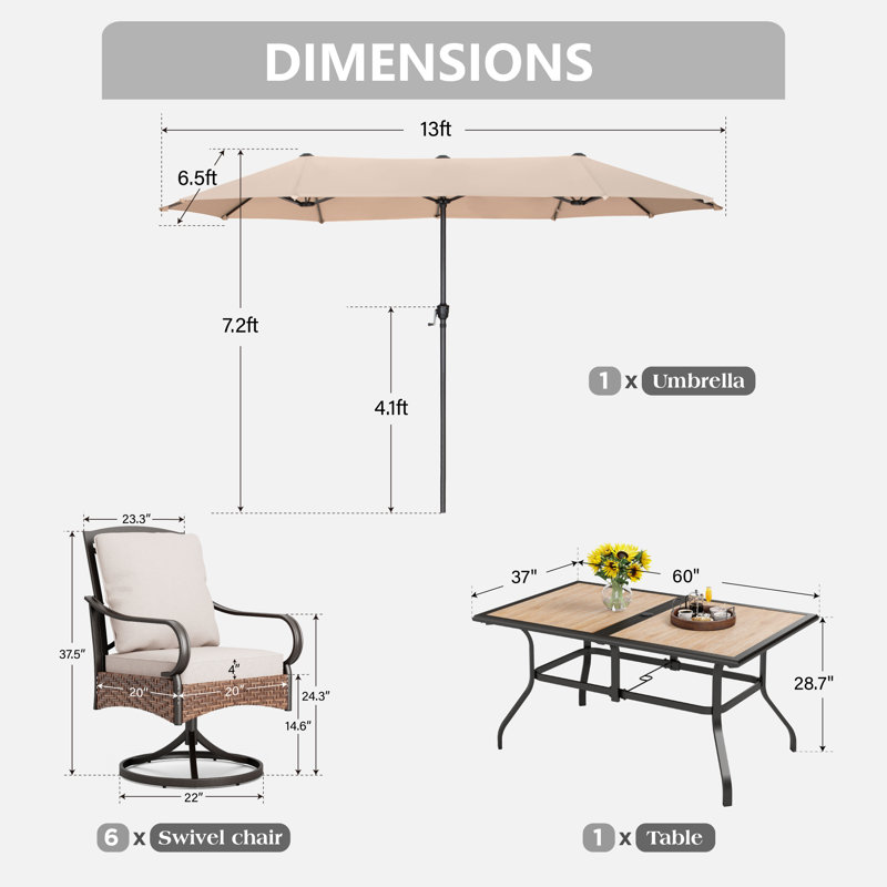 Ensemble de salle à manger rectangulaire pour 6 personnes 60 "" avec coussins et parasol Leonard, Beige