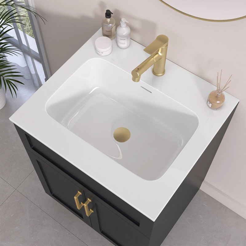 Dessus de meuble-lavabo à surface solide 24 po avec lavabo intégré, comptoir mince de 0,56 po d'épaisseur, design moderne blanc éclatant, léger et facile à installer