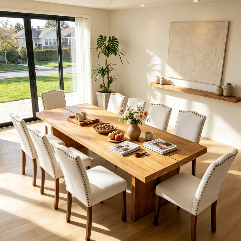 Ensemble de table de salle à manger rectangulaire moderne en bois massif avec 8 chaises à garniture cloutée en lin, grande table de salle à manger de style campagnard