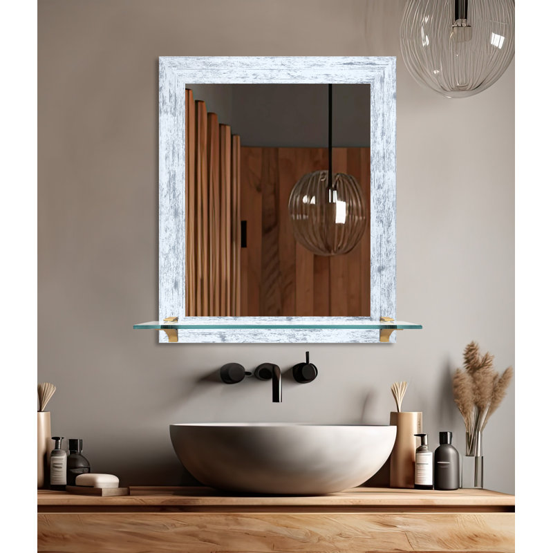 Kridia Mirror with Shelves, 25.5" H x 21.5" W, White Weathered/Brass, Vertical