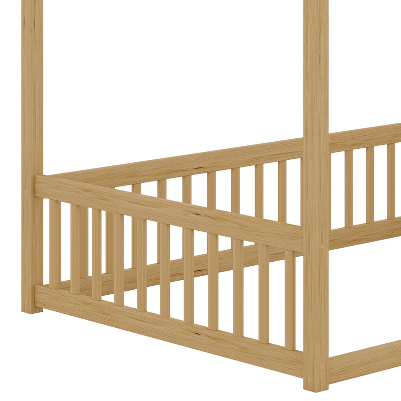 Canopy Frame Floor Bed Featuring Safety Fence And Guardrails, Natural