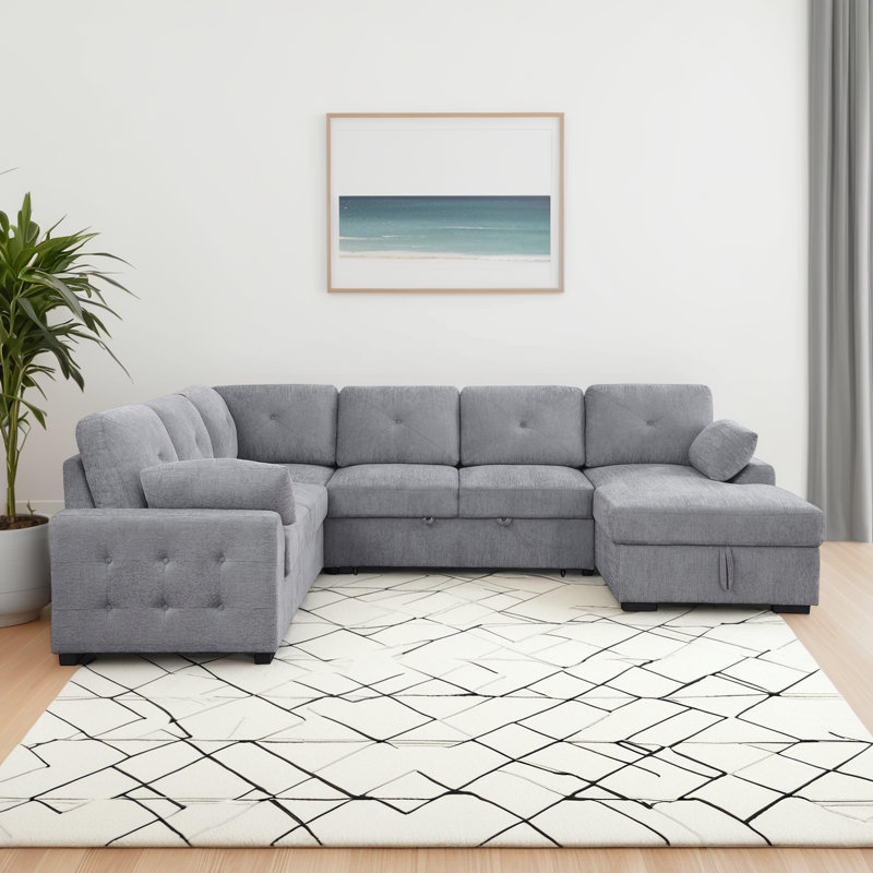 Kewstoke Left Hand Facing Sleeper Sofa & Chaise, Light Gray Chenille