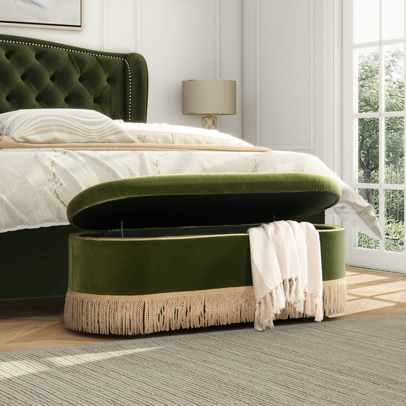 Banc de rangement ovale capitonné Bullion, Velours vert olive