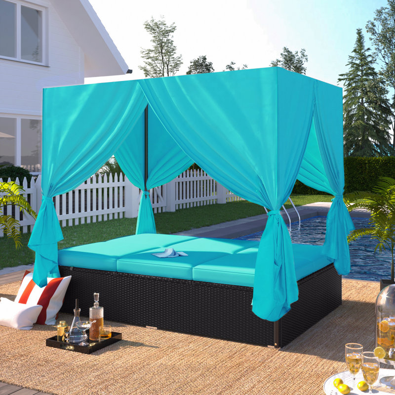 Méridienne d'extérieur double avec rideaux, lit de patio d'extérieur avec dossier réglable, canapé-lit à structure en acier robuste pour la cour, la piscine et la terrasse