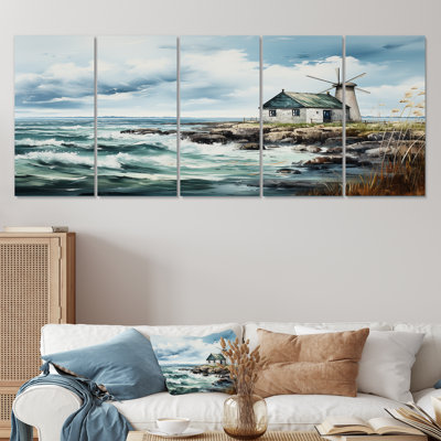 Watercolor Vintage Coastal Windmills - Wind Turbines 5 Piece Wall Art Decor