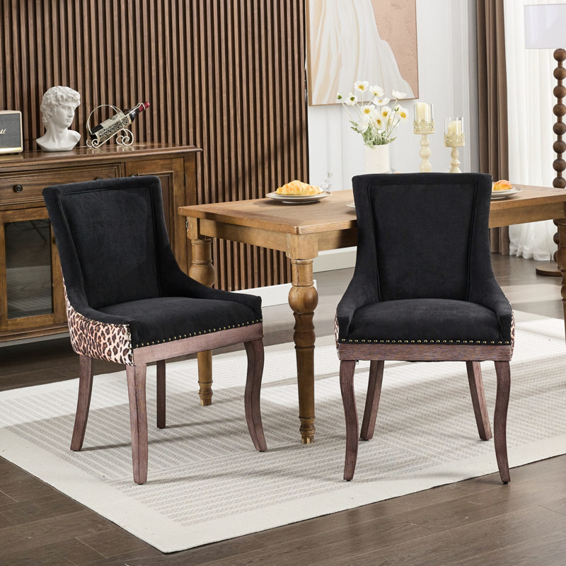 Leopard Print Modern Ultra Side Dining Chairs Of 2, High - Elasticity Foam And Spring Cushion, Solid Rubberwood Frame 2 Mid Century With Thickened Fabric, , Decorative Rivets, Legs, 20.47 In Width,