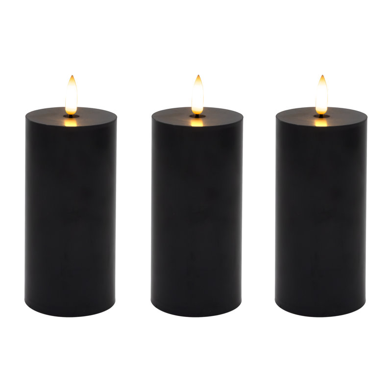 Battery Operated 3D Wick Pillar Candles - 3 Count, Black