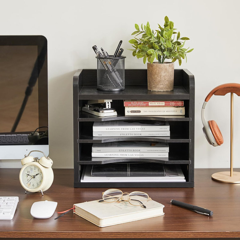 Black Chipboard Desktop File Organizer with Adjustable Shelves