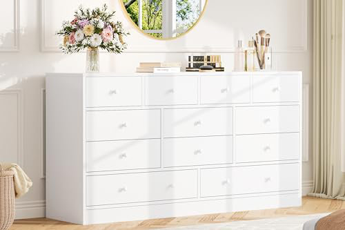 12 Drawer Dresser for Bedroom, 61 in Long Modern White Dresser TV Stand with Charging Station, White