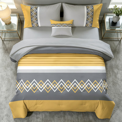 6-Piece Queen Size Geometric Comforter Set, Modern Chevron Yellow & Grey Bed in a Bag, All-Season Microfiber Bedding with Sheets and Pillow Shams