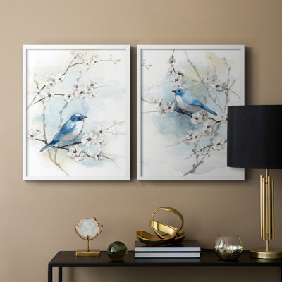 «Blossoms and Bluebird I», reproduction encadrée de qualité supérieure - prête à être accrochée - aucun clou requis - aucun clou requis