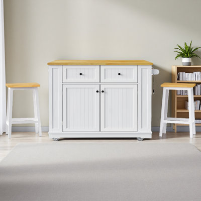 Large Kitchen Island With 2 Bar Stools, Power Outlet, Door Internal Storage Rack, Kitchen Storage Cart On 5 Wheels With Drop Leaf, 5 Open Side Racks
