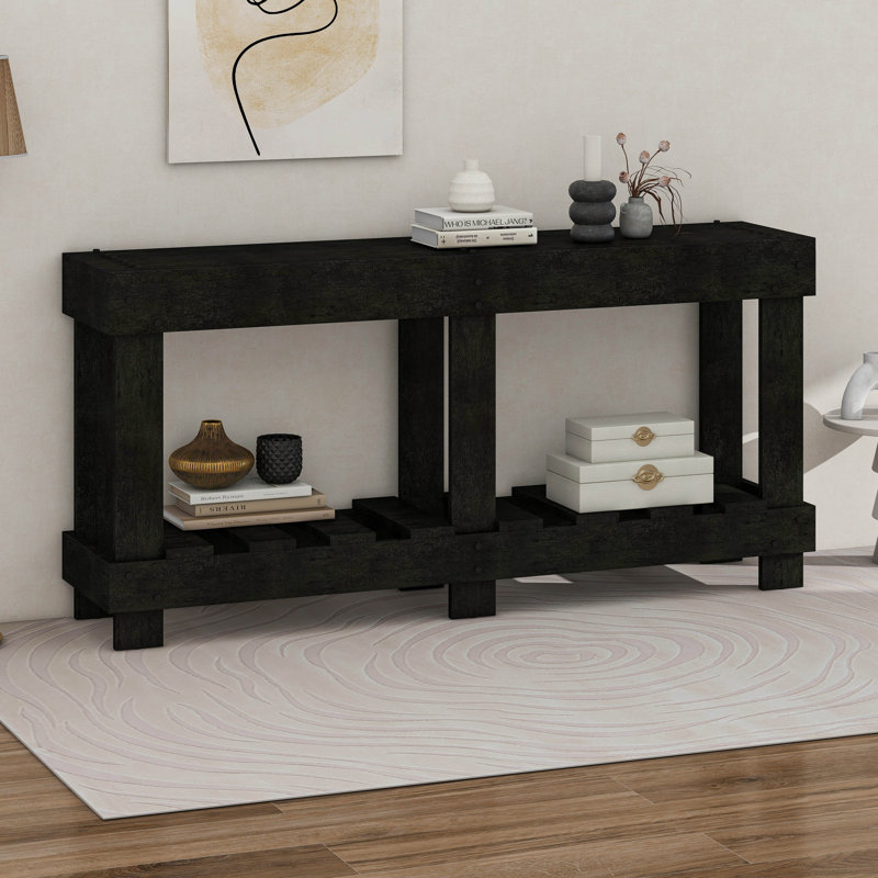 Vintage Entryway Table - Fir Solid Wood With Natural Grain, Metal Rivet Decor & Plank Under-Shelf, Black