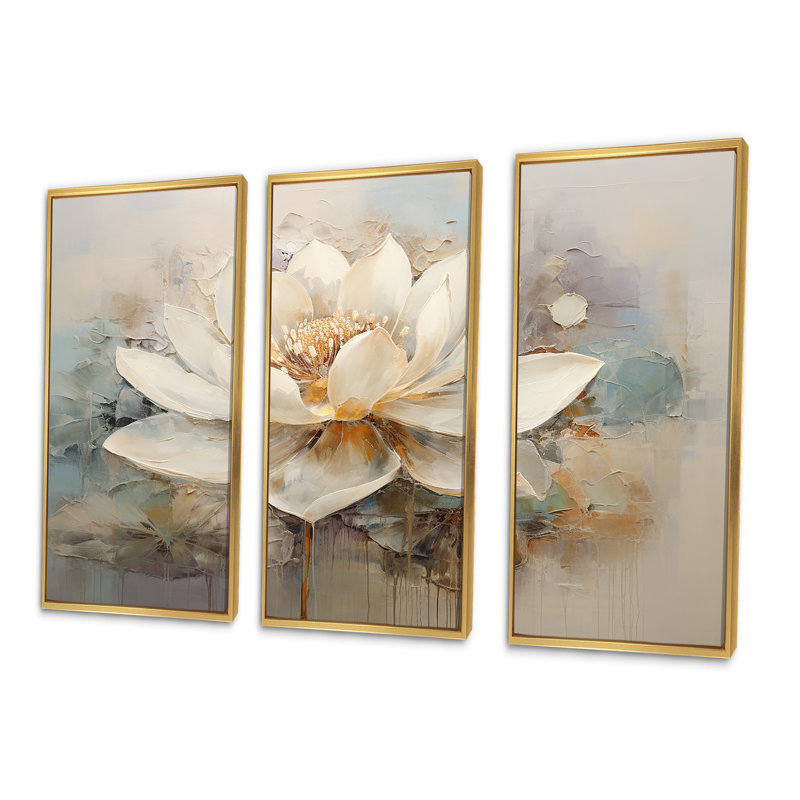 Antique Lotus Connection I - Lotus, reproduction d'art murale, H 28 po x l 36 po x P 1 po, Cadre flottant doré
