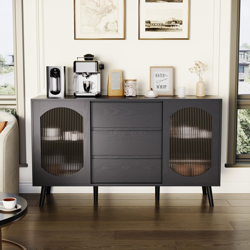 Buffet avec rangement, armoire buffet avec portes coulissantes en verre cannelé et tiroirs