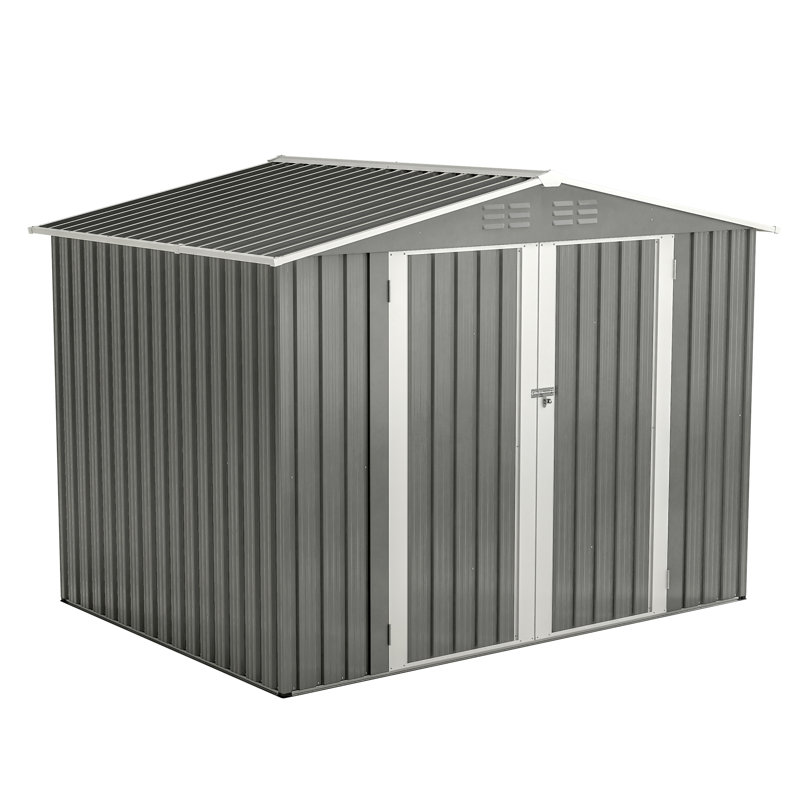 8 pi L 6 pi. D Remise extérieure imperméable pour outils de jardin avec fondation en métal avec cadre de plancher, portes à charnières verrouillables et évents d'aération pour la cour arrière, pelouse, gris (48 pieds carrés)