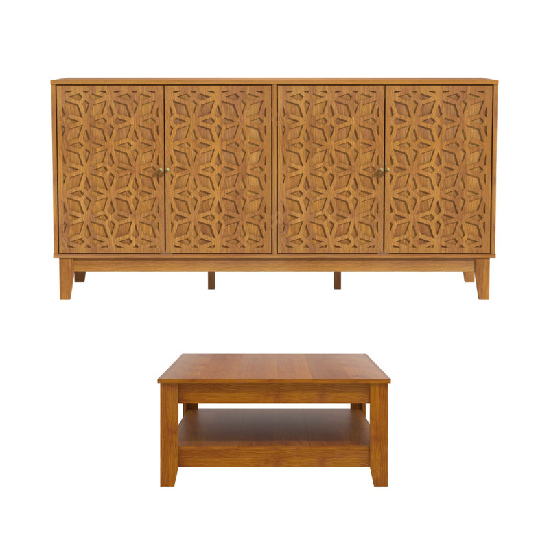 Weddel Basilico Modern Sideboard and Coffee Table Living Room Set, Amber Walnut