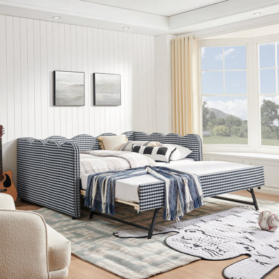 Lit de jour double en vichy double avec couchette simple sans sommier, avec port USB et adorable tissu en forme de vague