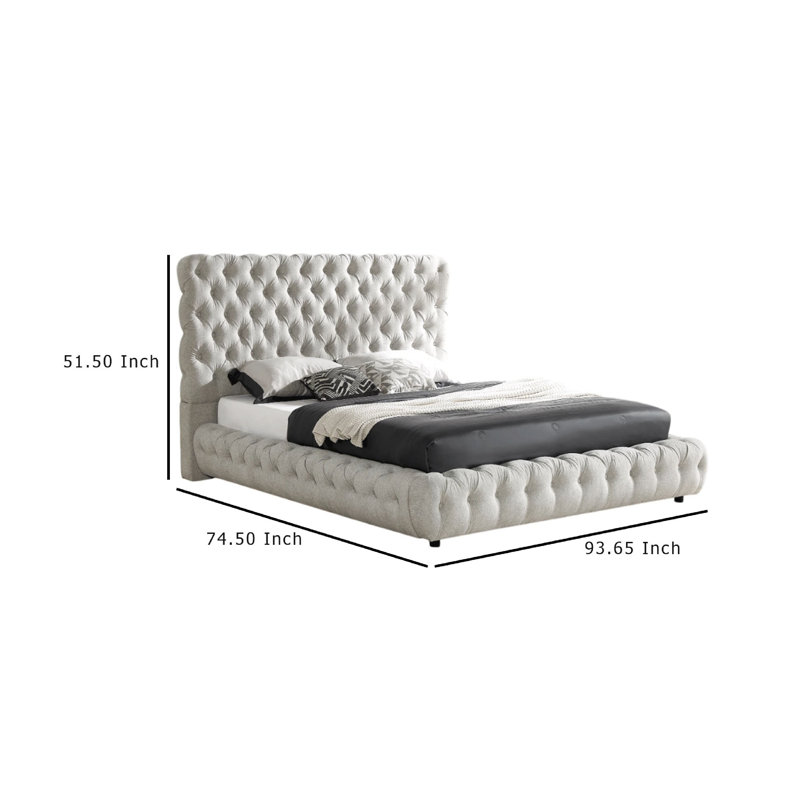 Lit Goy, profil bas, capitonnage à boutons, revêtement en velours, Gris clair, Grand