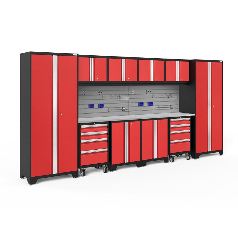 Bold Series 76.75'' H x 156'' W x 18'' D 12 Piece Garage Storage Cabinet Set, Red, No Lights, Stainless Steel