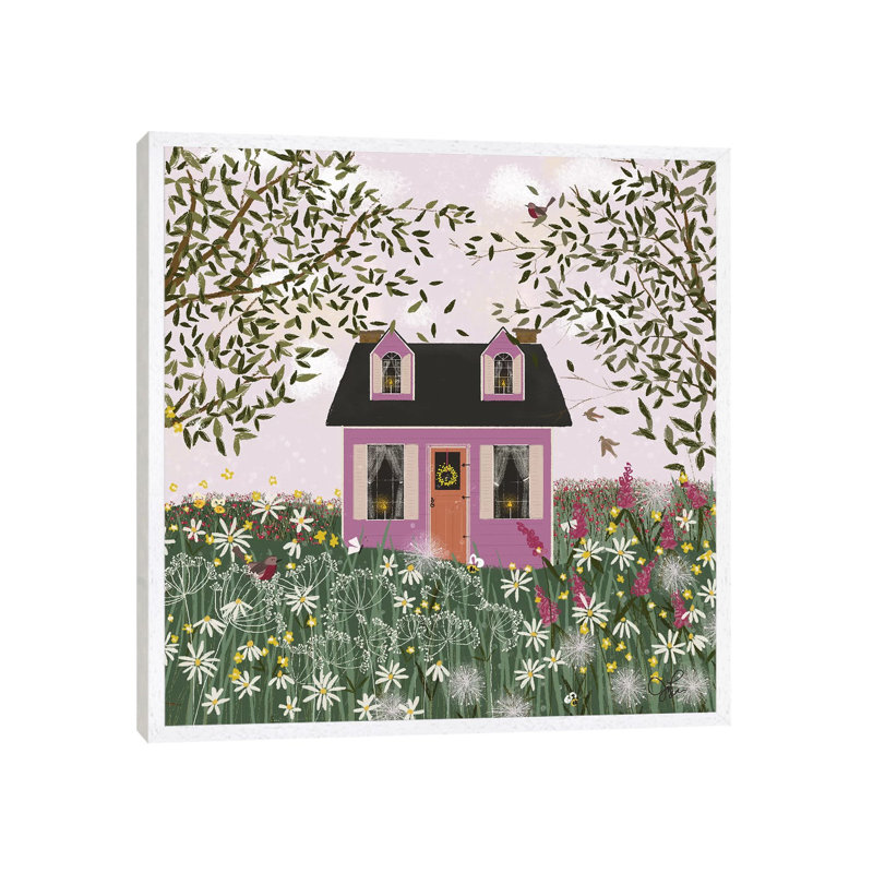 Purple House On A Hill by Joy Laforme - Painting on Canvas, 66.04cm H x 66.04cm W x 3.81cm D, White Framed