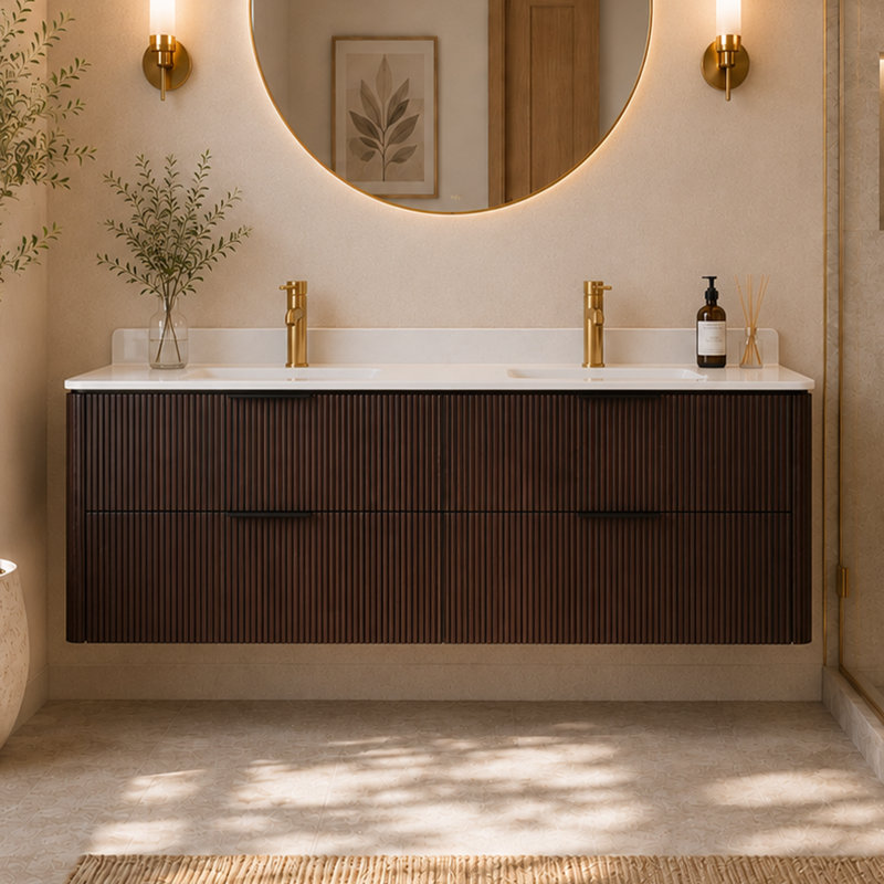 Ensemble de meuble-lavabo mural flottant cannelé à grain de bois en noyer de 60 po avec meuble-lavabo double en acrylique et 4 tiroirs à fermeture en douceur Schlater
