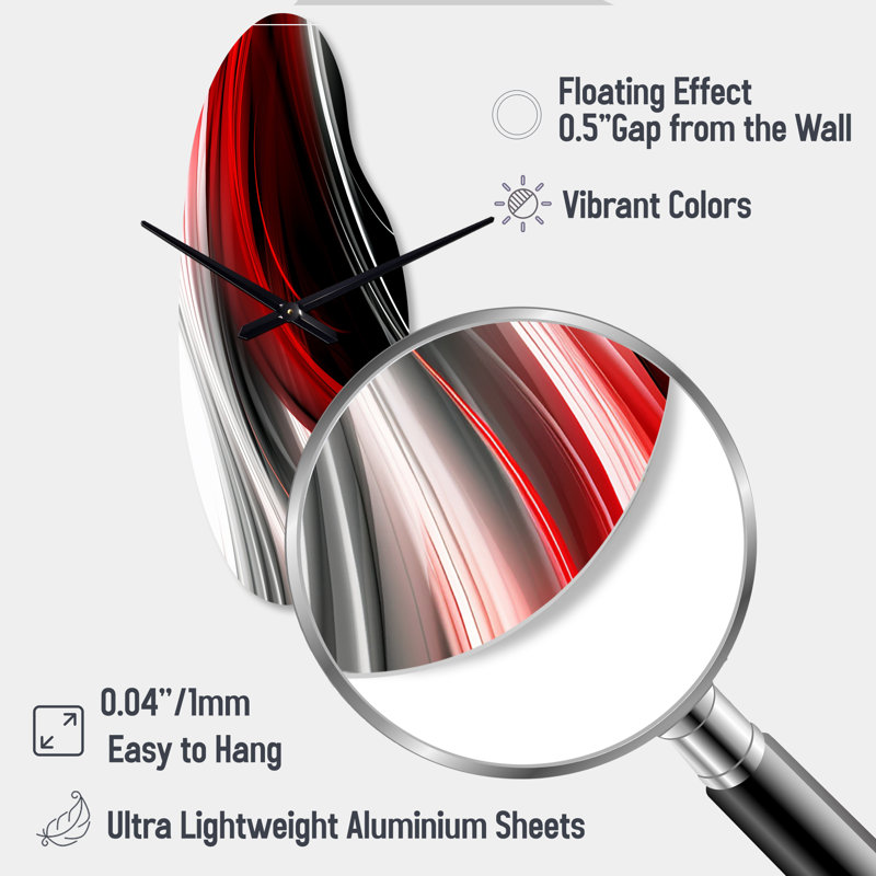 Red Black Infinite Ripples I - Waves Unique Shape Metal Wall Clock, Modern Freeform Wall Clock Print, Large
