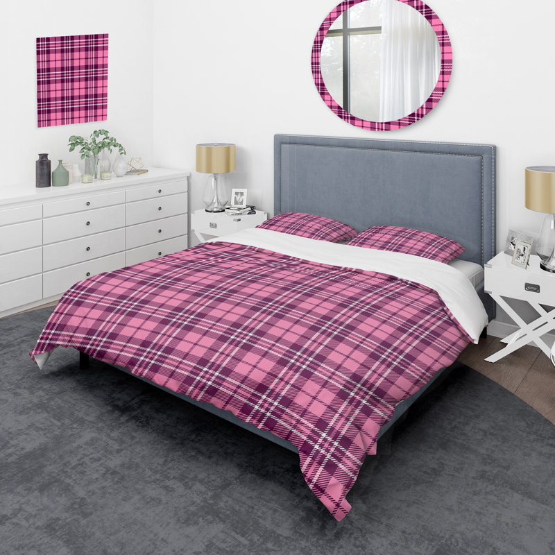 Tartan à carreaux roses - Ensemble de housse de couette abstrait - Microfibre de polyester