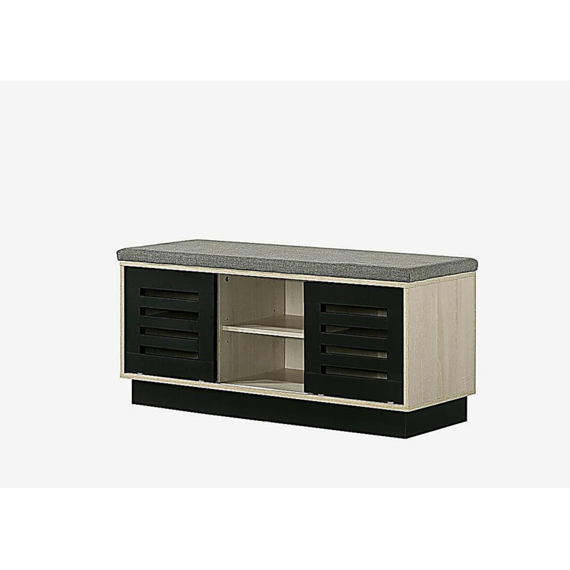 38.5"W Oak Finish Shoe Cabinet with Sliding Doors, Upholstered Top