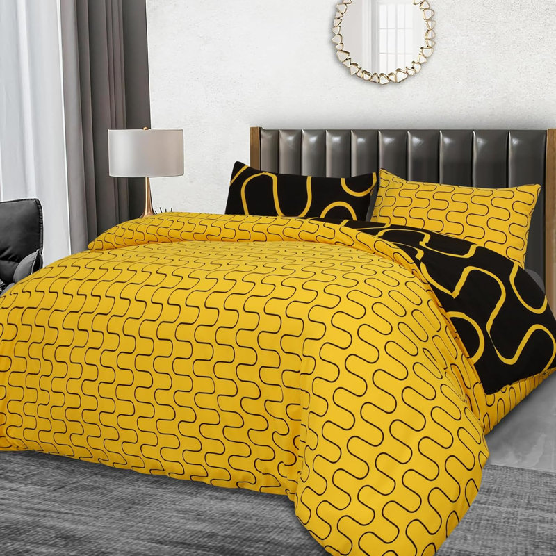 250TC Brushed Microfiber Duvet Cover Set with Pillowcases (3 in 1), Ochre/Black Geometric