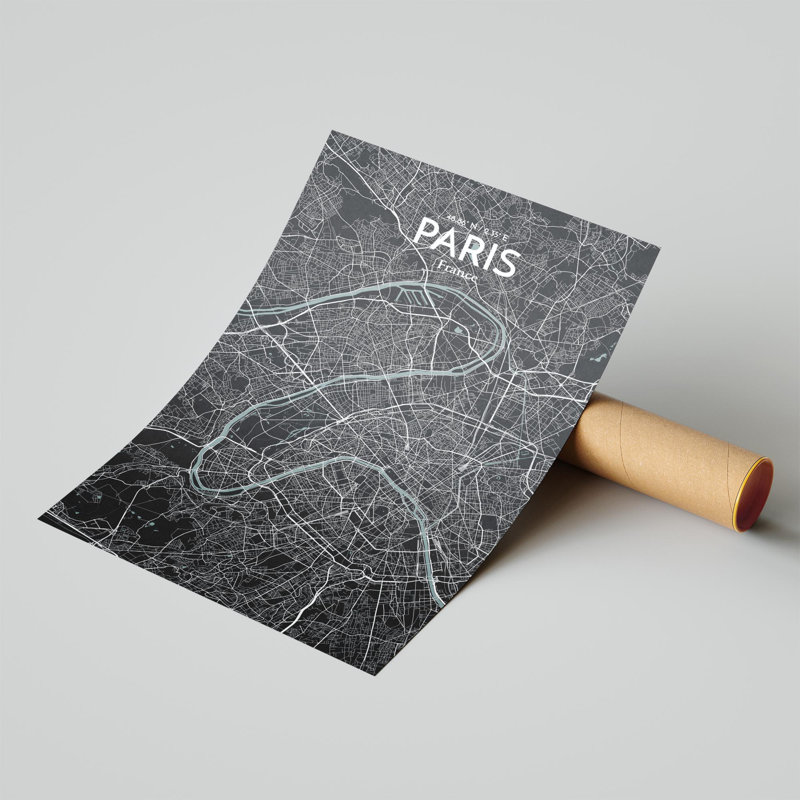 Carte de Paris, impression nautique, H 17 po x l 11 po x P 0,05 po, Gris/noir