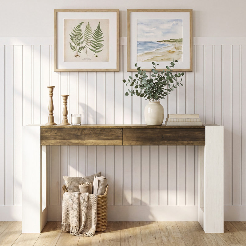 Console d'entrée moderne de 63 pouces, table de canapé avec tiroirs, White