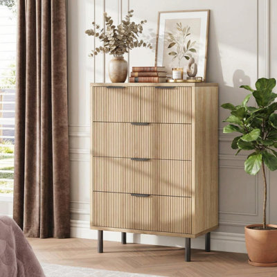Armoire d'entrée moderne à 5 tiroirs avec pieds en métal et conception anti-basculement - commode à finition grain de bois pour chambre à coucher, couloir ou bureau