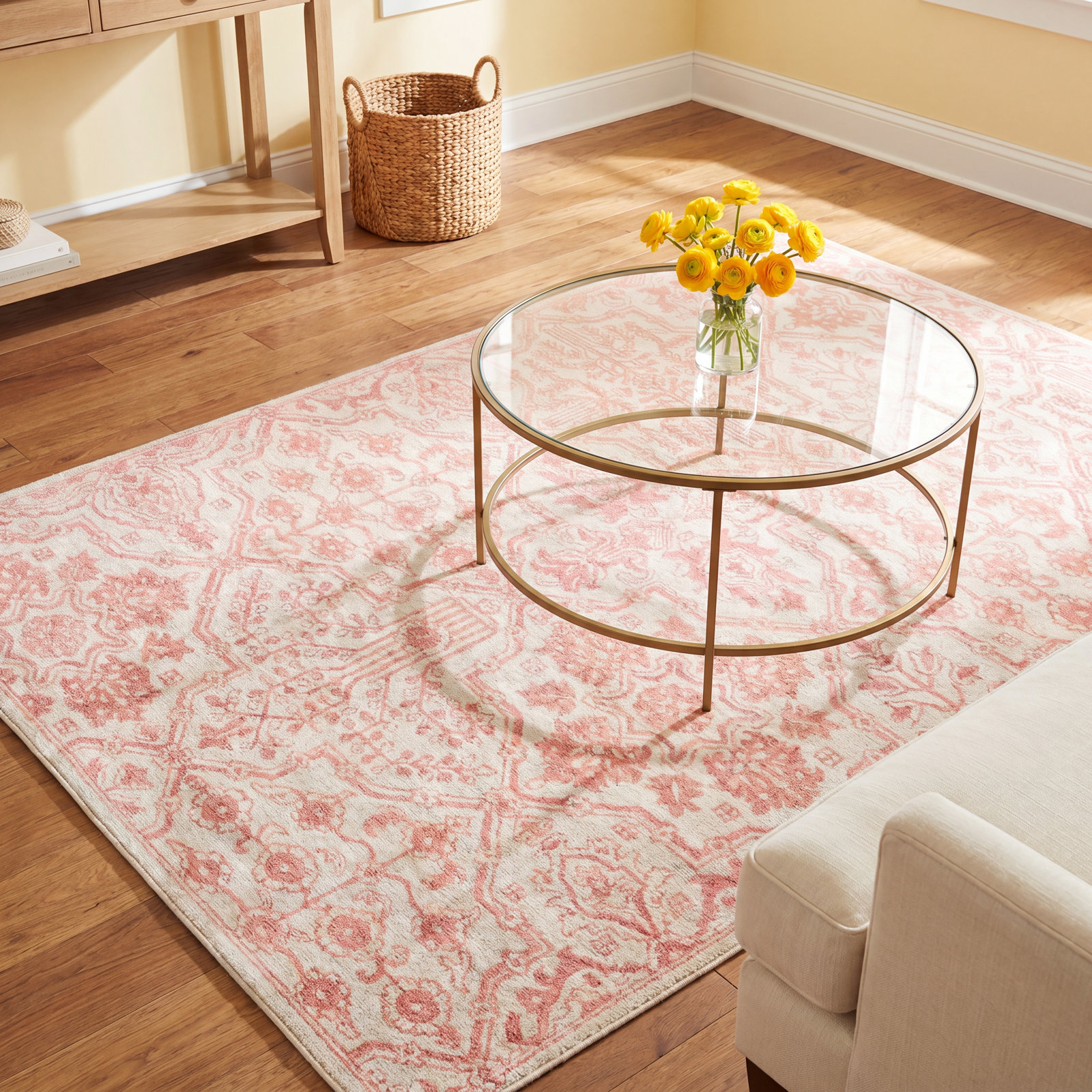 Cece Pink Ivory Hand-Tufted Wool Floral Rug, Rectangle 3'6" x 5'6"