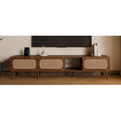 Tv Stand, 75/80/85 Inch Tvs, 78 - Console, Storage, Living Room, And Glass Storage Configuration, Finger Pull Handle, Soft Closing Hinges, Solid Wood Leg Arrangement, Walnut Color Scheme Tint Design,