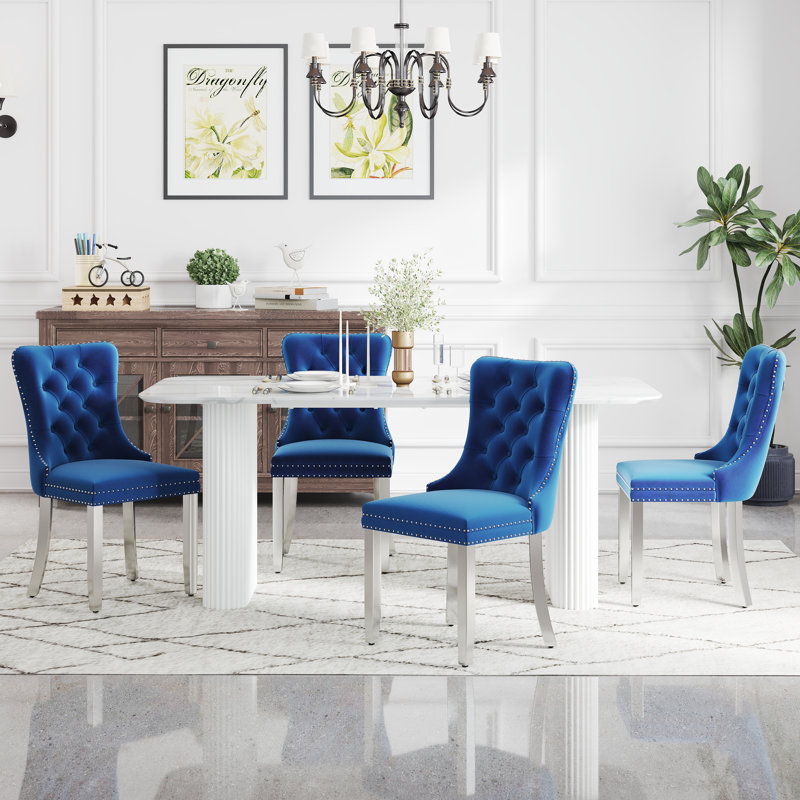 Rectangular Wooden Dining Set with Tufted Dining Chair, 5, Blue