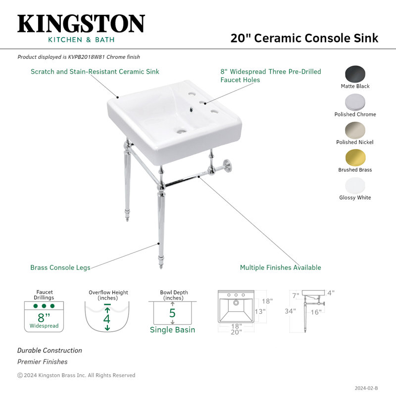 Lavabo de salle de bain console rectangulaire en céramique avec trop-plein Edwardian, Laiton brossé