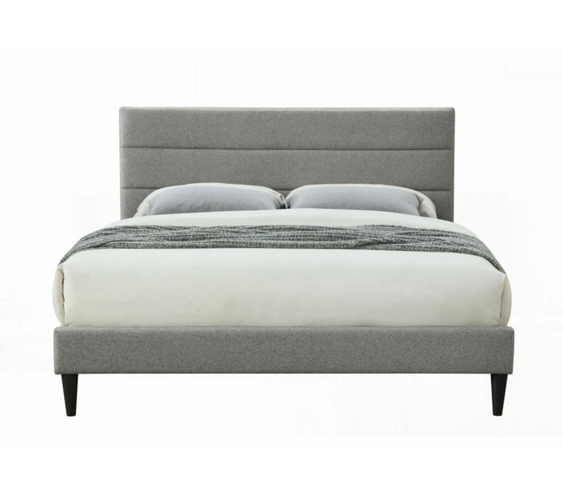 Structure de lit double pleine grandeur en boîte avec port USB et sans sommier tapissier, tissu en polyester gris, Lit double