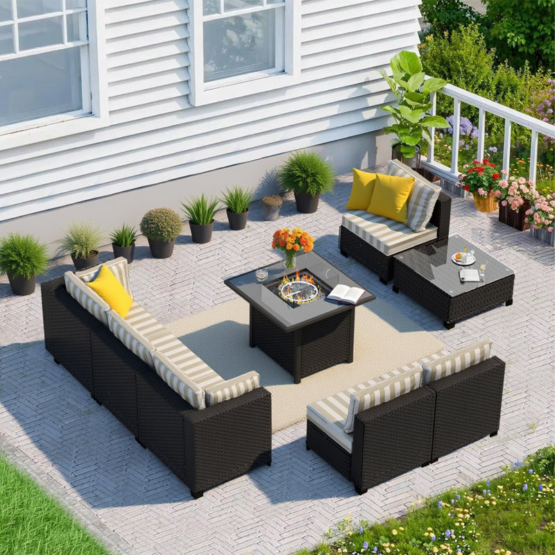 𝗣𝗿𝗲-𝗔𝘀𝘀𝗲𝗺𝗯𝗹𝗲𝗱 𝗖𝗵𝗮𝗶𝗿𝘀, 6-Person Patio Furniture Set Rattan Outdoor Sectional Conversation Sofa Seating Group With Propane Fire Pit Table
