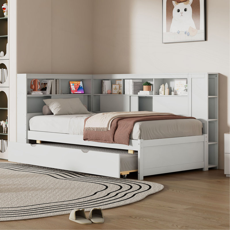Lit de jour simple en bois avec tablettes de rangement, USB et lit gigogne, blanc