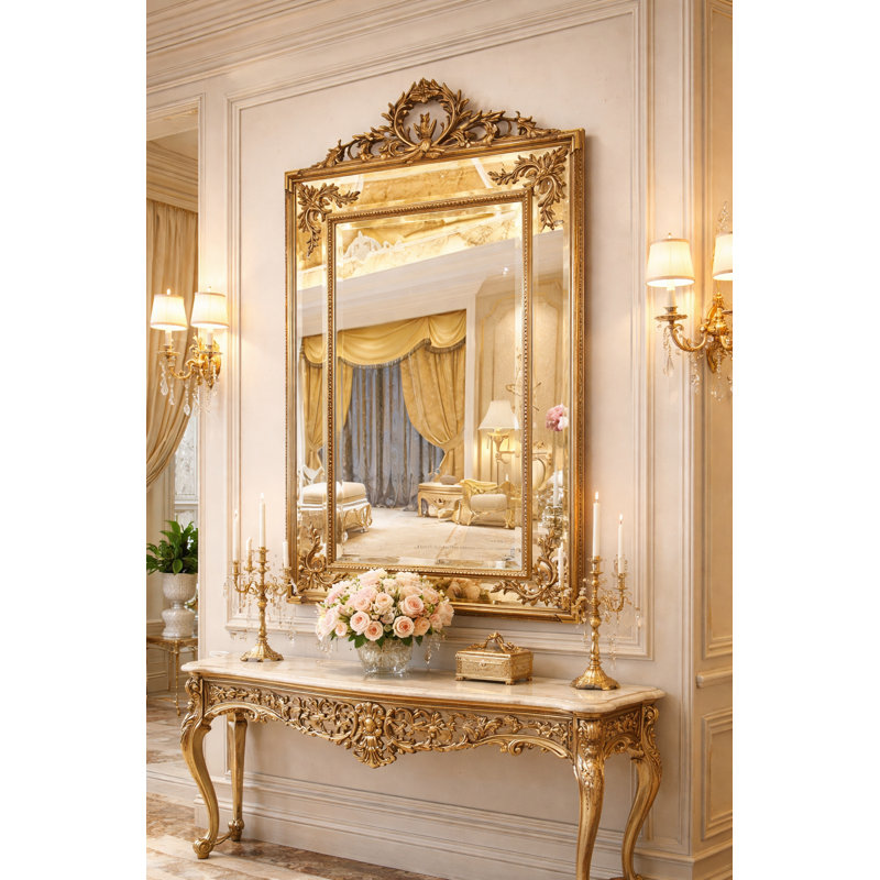 Rosia Solid And Engineered Wood Flat Mirror, Antique Gold