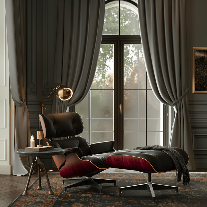 Real Leather lounge chair with Solid Wood, Red Wood Black Genuine Leather