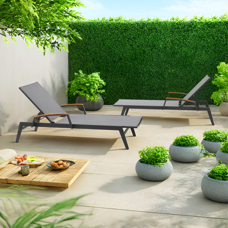  Outdoor Powder Coated Aluminum Chaise Lounge Chairs Set With Phifertex Sling Fabric, Gray