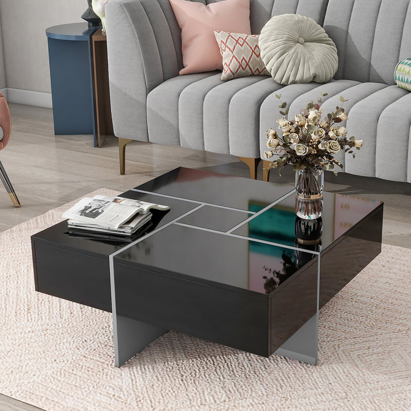 Table basse au design unique avec 4 compartiments de rangement cachés, table basse carrée, Noir