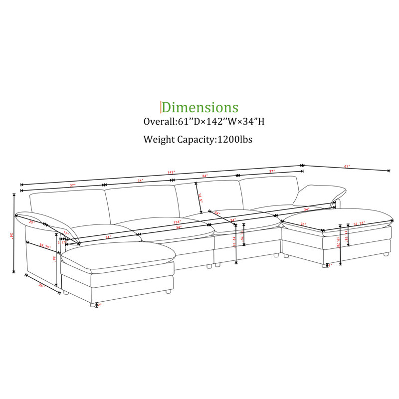 142” W Oversized 6-seater Composable Modular Sofa With 2 Ottomans, Gray Corduroy