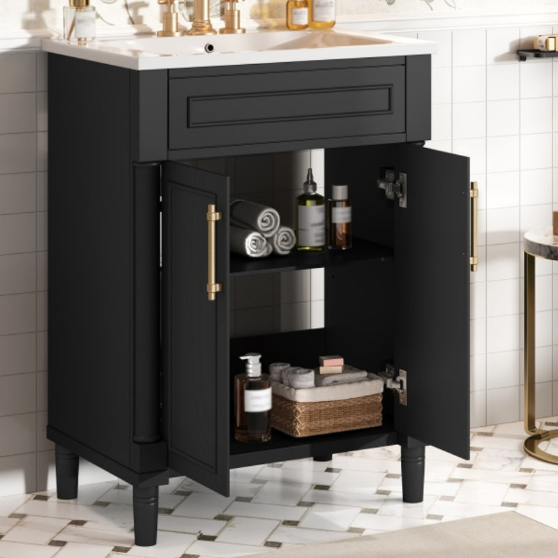 Meuble-lavabo compact avec lavabo en céramique intégré et armoire de rangement à deux portes
