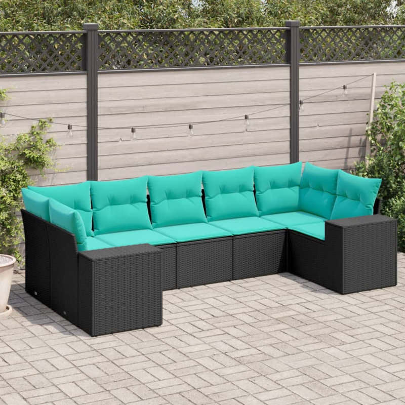  Ensemble de canapé de patio 7 pièces avec coussins en rotin de polyester noir