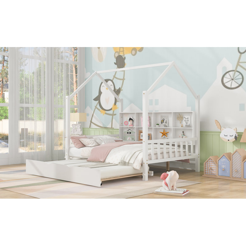 Lit double en bois avec lit gigogne, lit pour enfant avec tablette, blanc, Lit double
